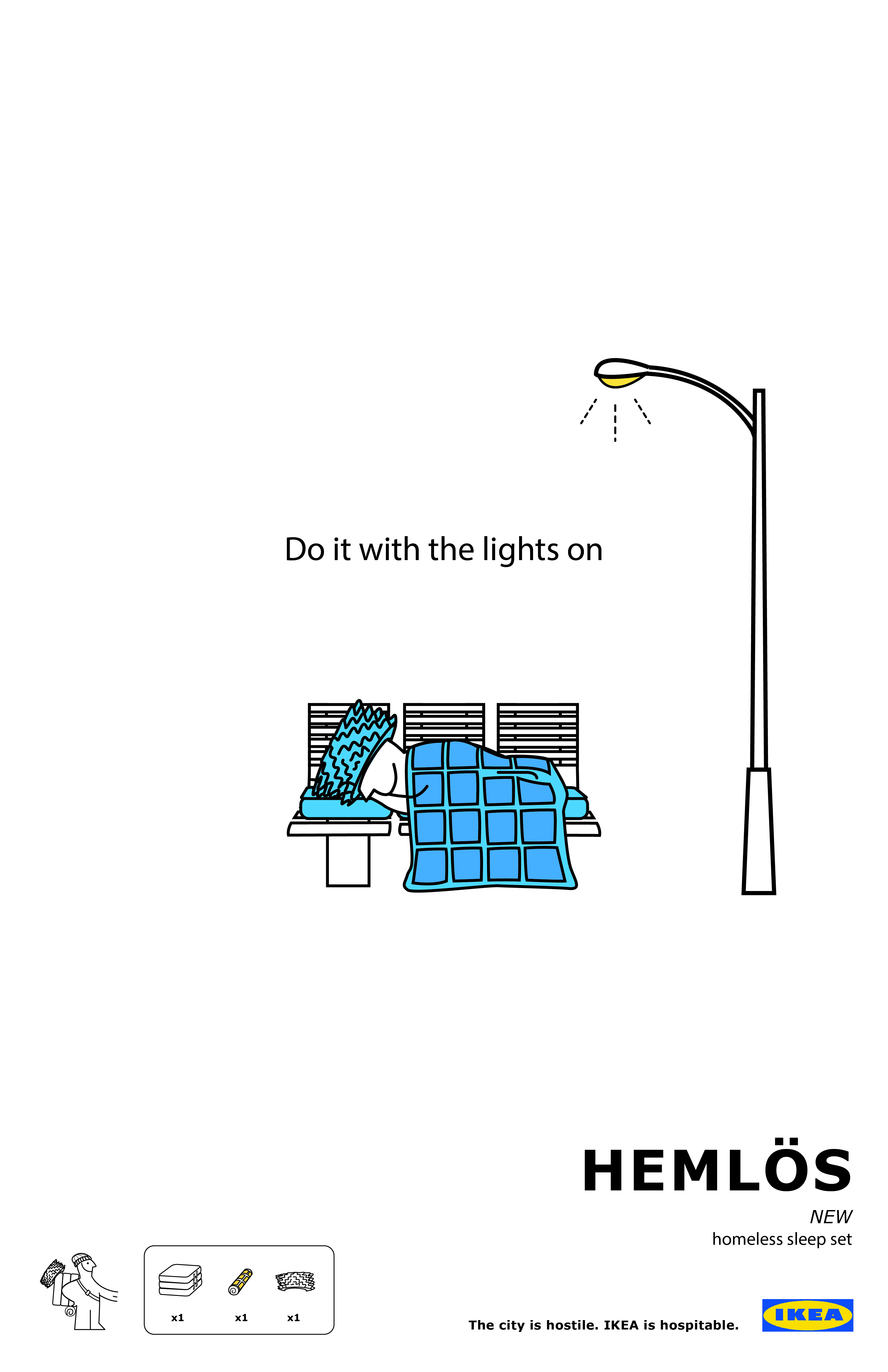 ad with illustration of a man sleeping on bench using the hemlos collection with text reading do it with the lights on